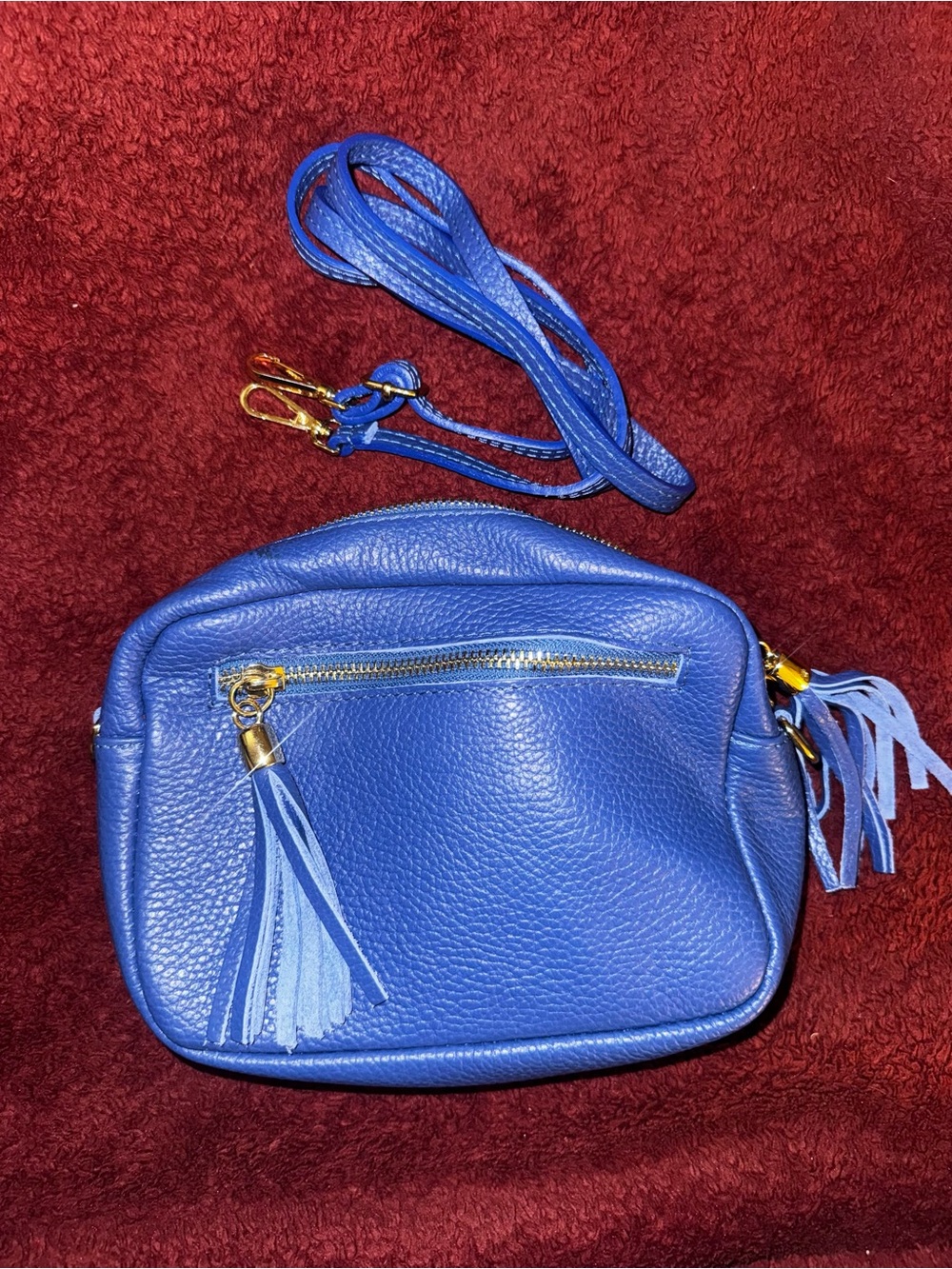 Blue Leather Crossbody Bag with Tassel Accent